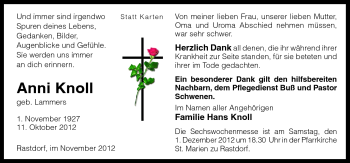 Traueranzeige von Anni Knoll von Neue Osnabrücker Zeitung GmbH & Co. KG