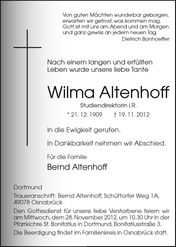 Traueranzeige von Wilma Altenhoff von Neue Osnabrücker Zeitung GmbH & Co. KG