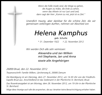 Traueranzeige von Helena Kamphus von Neue Osnabrücker Zeitung GmbH & Co. KG