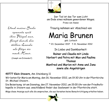 Traueranzeige von Maria Brunen von Neue Osnabrücker Zeitung GmbH & Co. KG