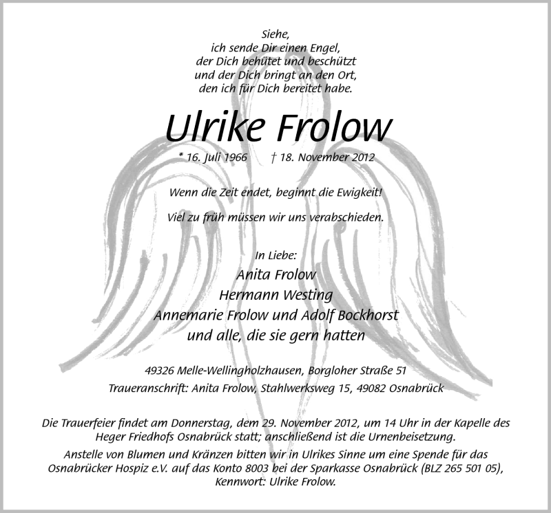  Traueranzeige für Ulrike Frolow vom 24.11.2012 aus Neue Osnabrücker Zeitung GmbH & Co. KG