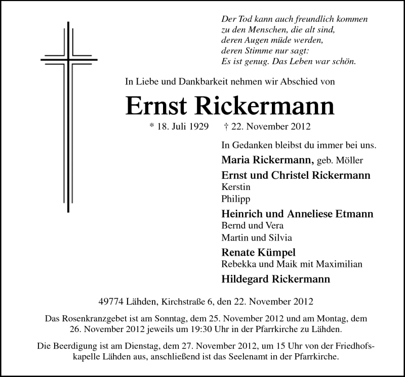  Traueranzeige für Ernst Rickermann vom 24.11.2012 aus Neue Osnabrücker Zeitung GmbH & Co. KG
