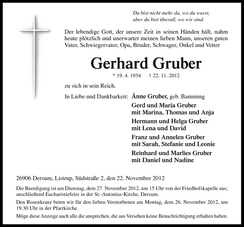  Traueranzeige für Gerhard Gruber vom 24.11.2012 aus Neue Osnabrücker Zeitung GmbH & Co. KG