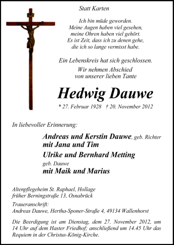 Traueranzeige von Hedwig Dauwe von Neue Osnabrücker Zeitung GmbH & Co. KG