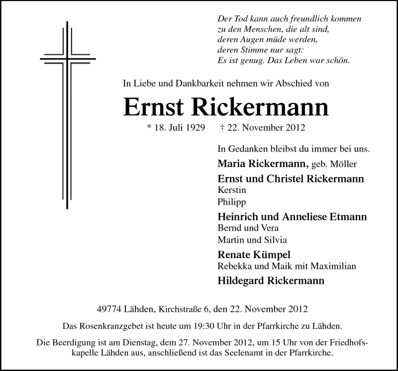  Traueranzeige für Ernst Rickermann vom 26.11.2012 aus Neue Osnabrücker Zeitung GmbH & Co. KG