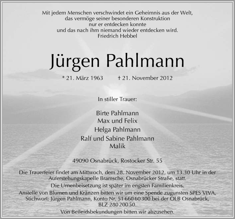  Traueranzeige für Jürgen Pahlmann vom 26.11.2012 aus Neue Osnabrücker Zeitung GmbH & Co. KG