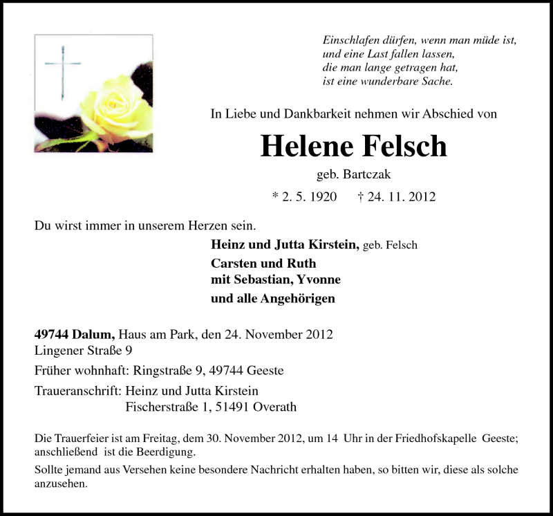  Traueranzeige für Helene Felsch vom 27.11.2012 aus Neue Osnabrücker Zeitung GmbH & Co. KG