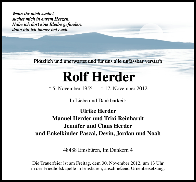  Traueranzeige für Rolf Herder vom 27.11.2012 aus Neue Osnabrücker Zeitung GmbH & Co. KG