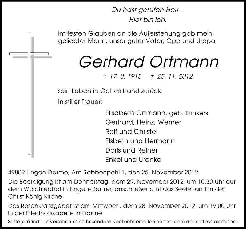  Traueranzeige für Gerhard Ortmann vom 27.11.2012 aus Neue Osnabrücker Zeitung GmbH & Co. KG