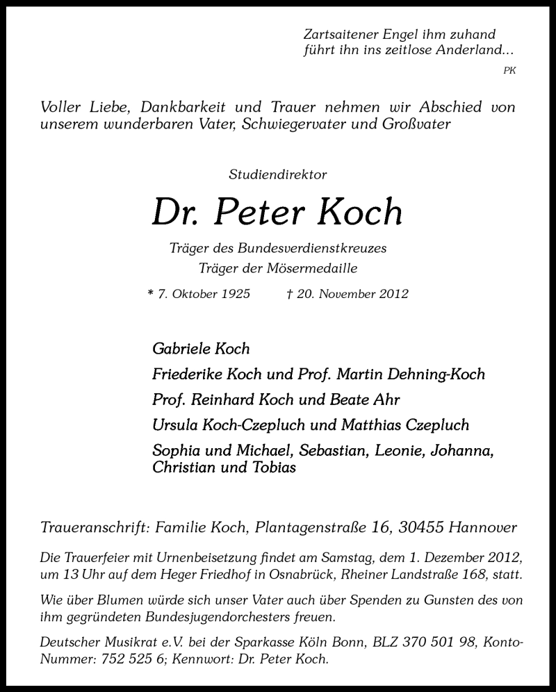  Traueranzeige für Peter Koch vom 27.11.2012 aus Neue Osnabrücker Zeitung GmbH & Co. KG