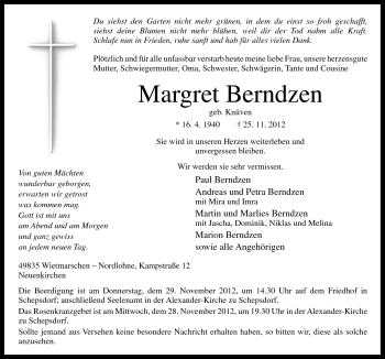 Traueranzeige von Margret Berndzen von Neue Osnabrücker Zeitung GmbH & Co. KG