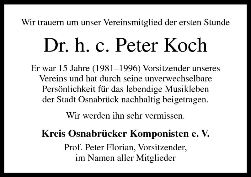  Traueranzeige für Peter Koch vom 28.11.2012 aus Neue Osnabrücker Zeitung GmbH & Co. KG