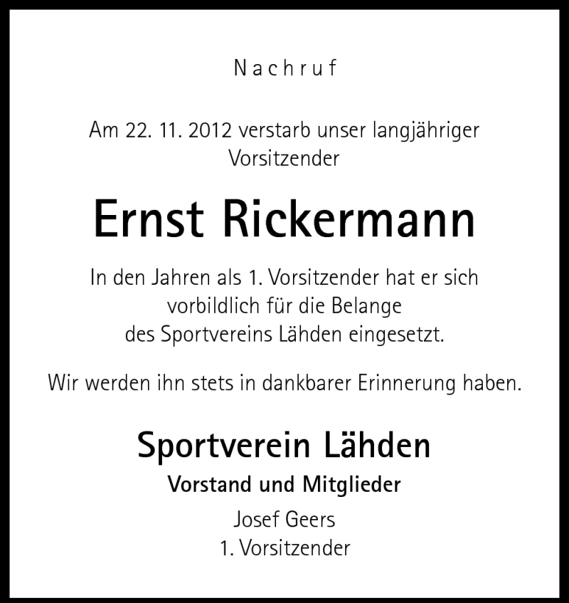  Traueranzeige für Ernst Rickermann vom 28.11.2012 aus Neue Osnabrücker Zeitung GmbH & Co. KG