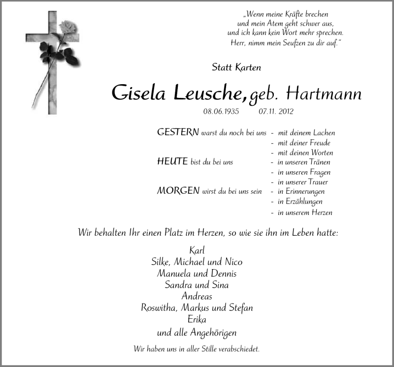  Traueranzeige für Gisela Hartmann vom 30.11.2012 aus Neue Osnabrücker Zeitung GmbH & Co. KG