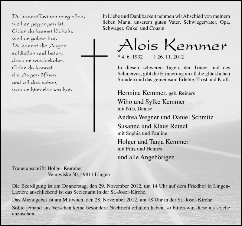  Traueranzeige für Alois Kemmer vom 28.11.2012 aus Neue Osnabrücker Zeitung GmbH & Co. KG