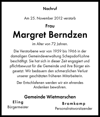 Traueranzeige von Margret Berndzen von Neue Osnabrücker Zeitung GmbH & Co. KG