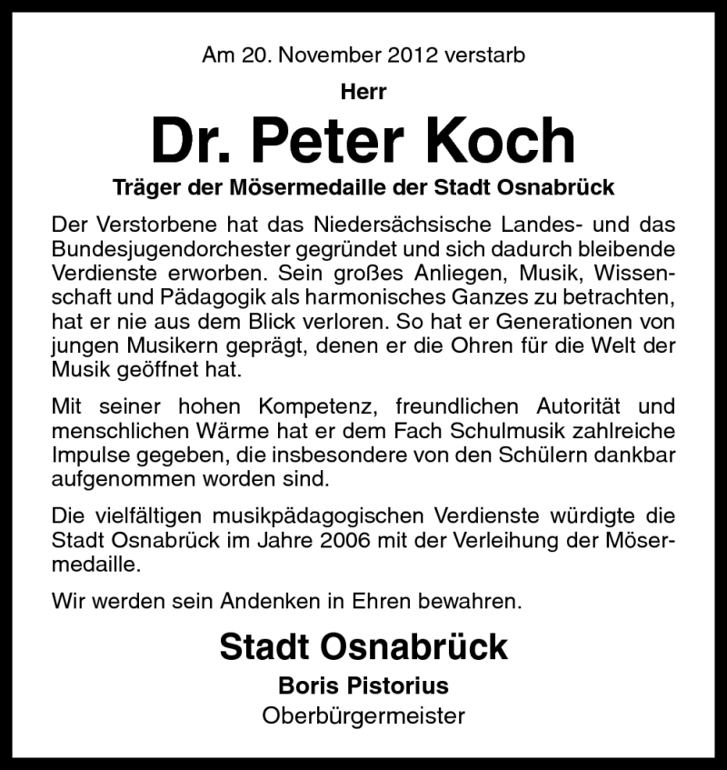  Traueranzeige für Peter Koch vom 28.11.2012 aus Neue Osnabrücker Zeitung GmbH & Co. KG