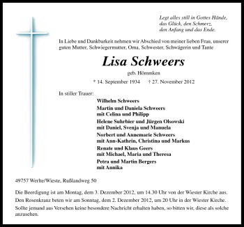 Traueranzeige von Lisa Schweers von Neue Osnabrücker Zeitung GmbH & Co. KG