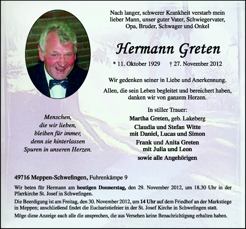  Traueranzeige für Hermann Greten vom 29.11.2012 aus Neue Osnabrücker Zeitung GmbH & Co. KG