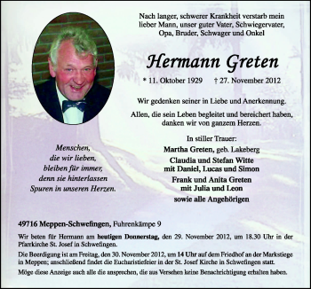 Traueranzeige von Hermann Greten von Neue Osnabrücker Zeitung GmbH & Co. KG