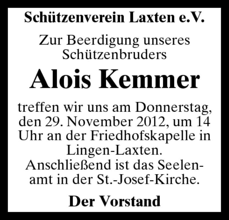  Traueranzeige für Alois Kemmer vom 29.11.2012 aus Neue Osnabrücker Zeitung GmbH & Co. KG