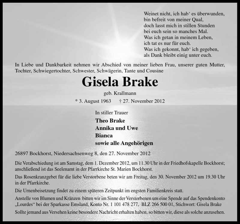  Traueranzeige für Gisela Brake vom 30.11.2012 aus Neue Osnabrücker Zeitung GmbH & Co. KG