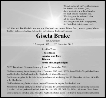 Traueranzeige von Gisela Brake von Neue Osnabrücker Zeitung GmbH & Co. KG