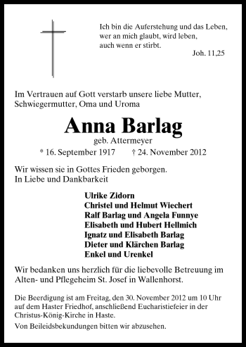 Traueranzeige von Anna Barlag von Neue Osnabrücker Zeitung GmbH & Co. KG