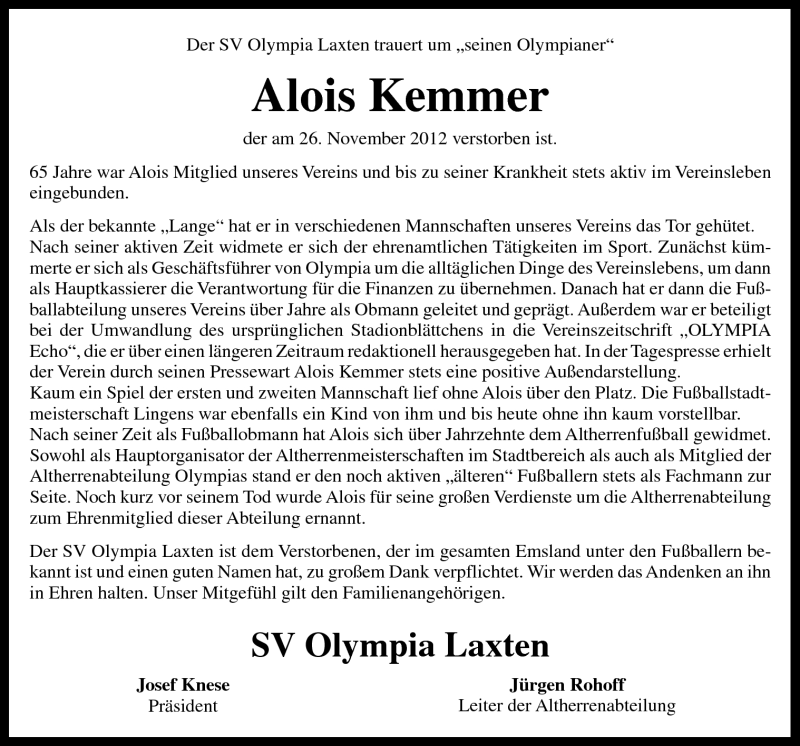  Traueranzeige für Alois Kemmer vom 30.11.2012 aus Neue Osnabrücker Zeitung GmbH & Co. KG