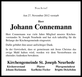 Traueranzeige von Johann Connemann von Neue Osnabrücker Zeitung GmbH & Co. KG