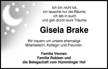 Traueranzeige von Gisela Brake von Neue Osnabrücker Zeitung GmbH & Co. KG