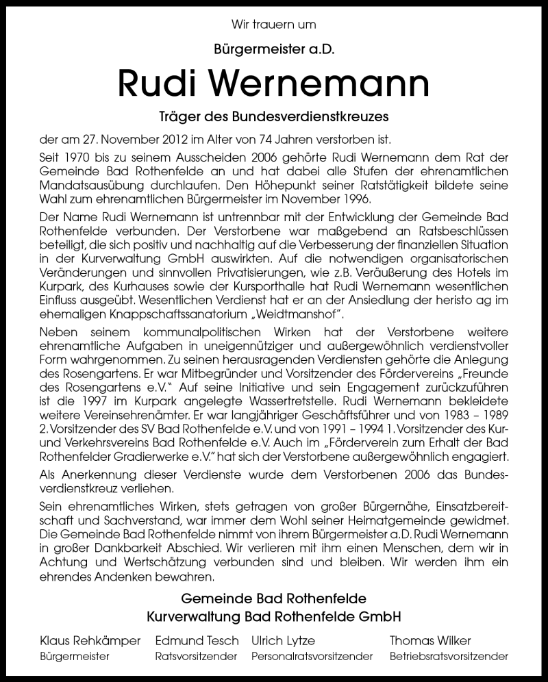  Traueranzeige für Rudi Wernemann vom 30.11.2012 aus Neue Osnabrücker Zeitung GmbH & Co. KG