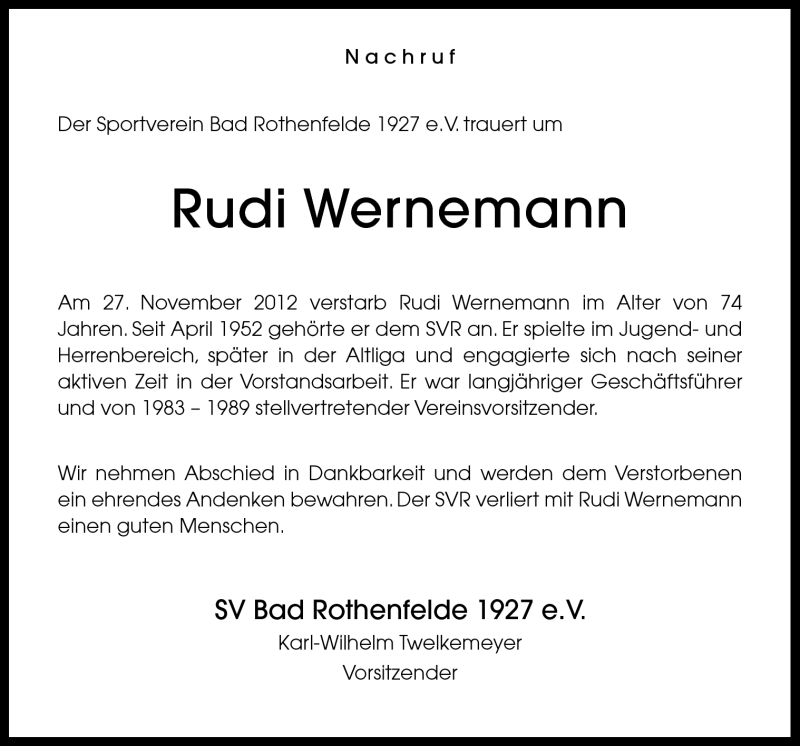  Traueranzeige für Rudi Wernemann vom 30.11.2012 aus Neue Osnabrücker Zeitung GmbH & Co. KG