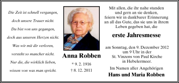 Traueranzeige von Anna Robben von Neue Osnabrücker Zeitung GmbH & Co. KG