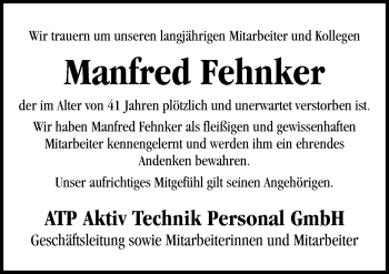 Traueranzeige von Manfred Fehnker von Neue Osnabrücker Zeitung GmbH & Co. KG