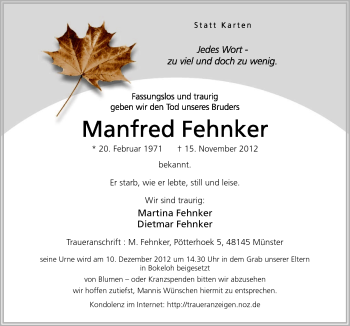 Traueranzeige von Manfred Fehnker von Neue Osnabrücker Zeitung GmbH & Co. KG