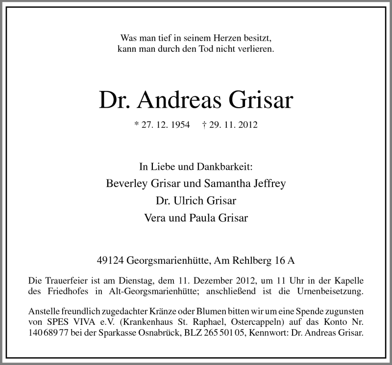  Traueranzeige für Dr. Andreas Grisar vom 01.12.2012 aus Neue Osnabrücker Zeitung GmbH & Co. KG