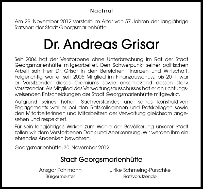  Traueranzeige für Dr. Andreas Grisar vom 01.12.2012 aus Neue Osnabrücker Zeitung GmbH & Co. KG