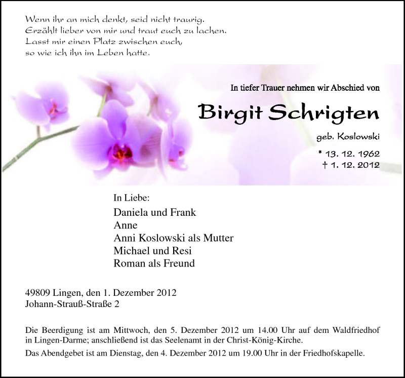  Traueranzeige für Birgit Schrigten vom 03.12.2012 aus Neue Osnabrücker Zeitung GmbH & Co. KG