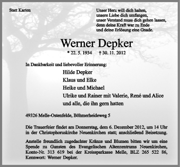 Traueranzeige von Werner Depker von Neue Osnabrücker Zeitung GmbH & Co. KG