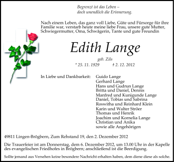 Traueranzeige von Edith Lange von Neue Osnabrücker Zeitung GmbH & Co. KG