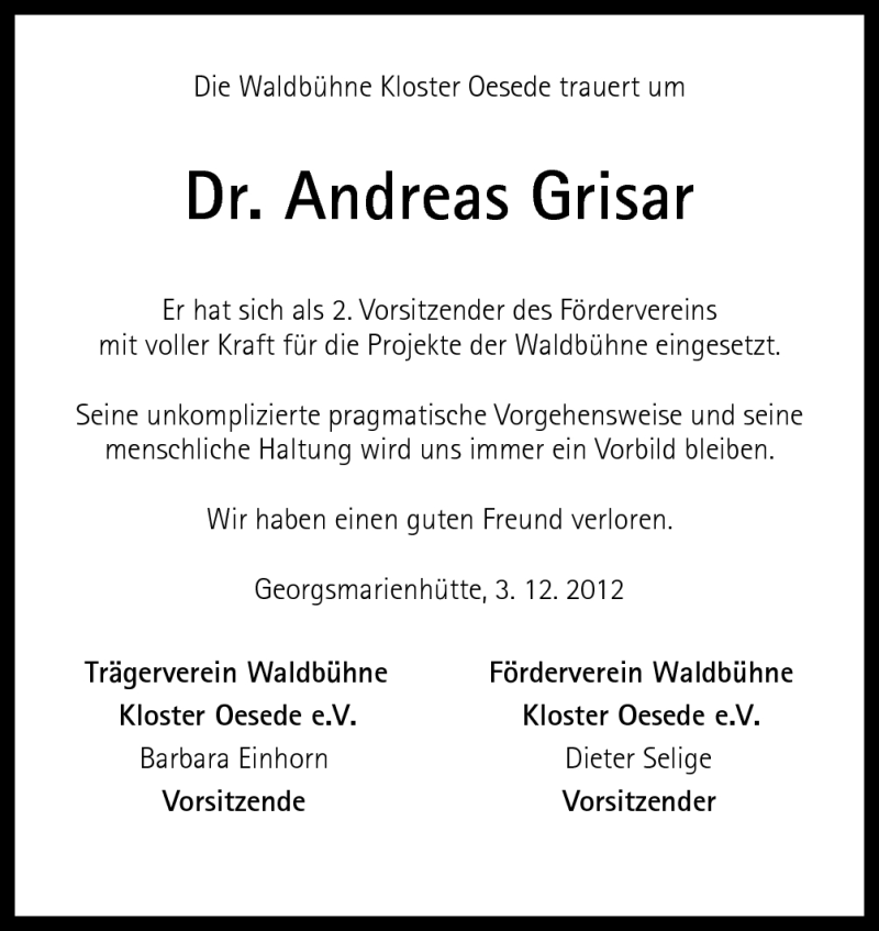  Traueranzeige für Dr. Andreas Grisar vom 04.12.2012 aus Neue Osnabrücker Zeitung GmbH & Co. KG