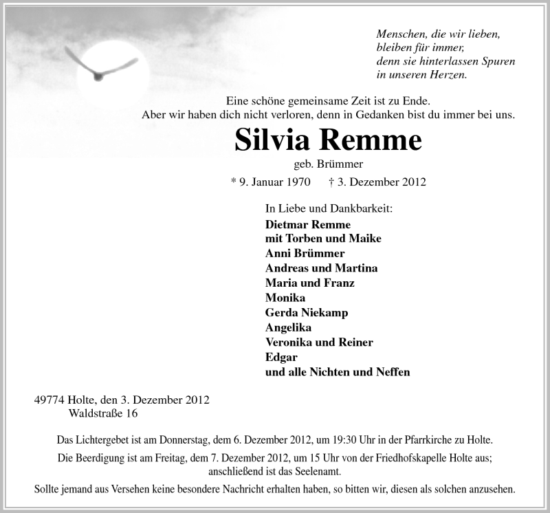  Traueranzeige für Silvia Remme vom 05.12.2012 aus Neue Osnabrücker Zeitung GmbH & Co. KG