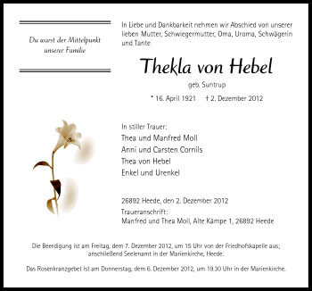 Traueranzeige von Thekla von Hebel von Neue Osnabrücker Zeitung GmbH & Co. KG