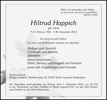 Traueranzeige von Hiltrud Happich von Neue Osnabrücker Zeitung GmbH & Co. KG