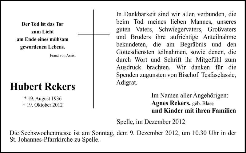  Traueranzeige für Hubert Rekers vom 05.12.2012 aus Neue Osnabrücker Zeitung GmbH & Co. KG