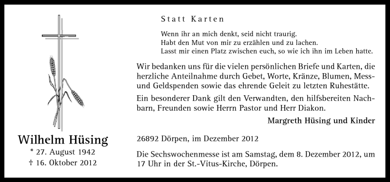  Traueranzeige für Wilhelm Hüsing vom 05.12.2012 aus Neue Osnabrücker Zeitung GmbH & Co. KG