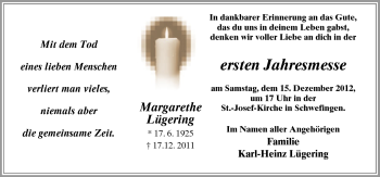 Traueranzeige von Margarethe Lügering von Neue Osnabrücker Zeitung GmbH & Co. KG