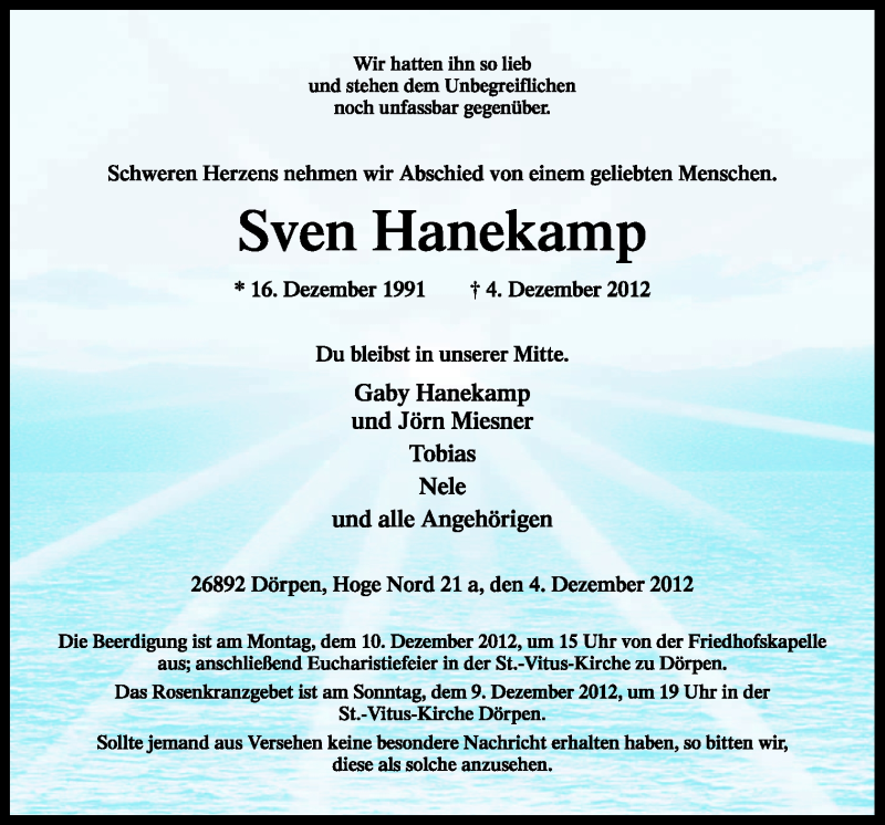  Traueranzeige für Sven Hanekamp vom 06.12.2012 aus Neue Osnabrücker Zeitung GmbH & Co. KG