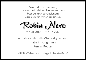 Traueranzeige von Robin Nero von Neue Osnabrücker Zeitung GmbH & Co. KG